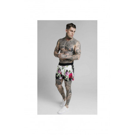 custom Floral Pixel Swim Shorts - Black & Floral Pixel